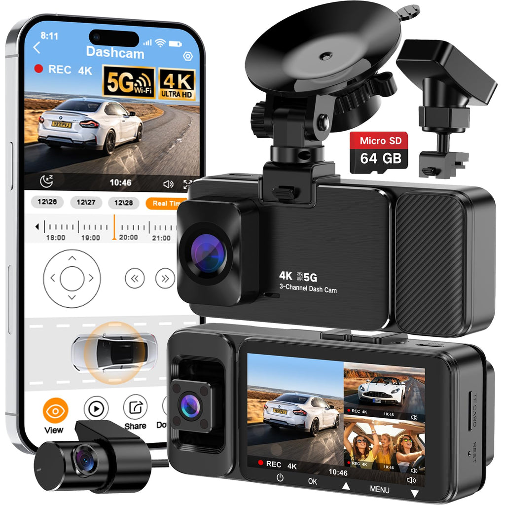 3-Channel 4K Dash Cam | Front, Interior & Rear | 360° Coverage, Night Vision