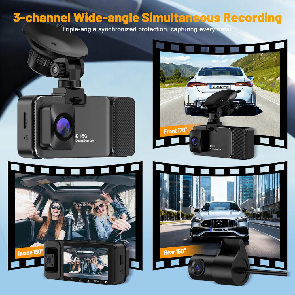 3-Channel 4K Dash Cam | Front, Interior & Rear | 360° Coverage, Night Vision