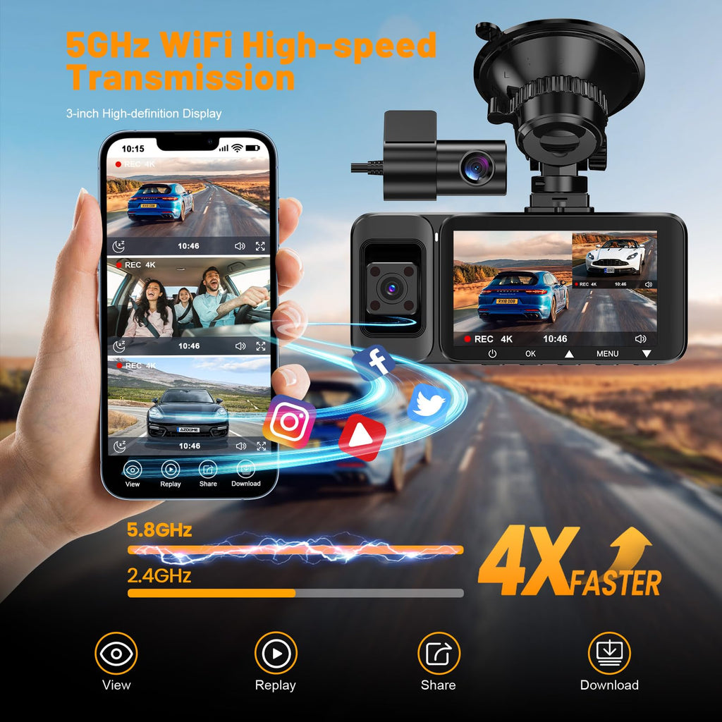 3-Channel 4K Dash Cam | Front, Interior & Rear | 360° Coverage, Night Vision